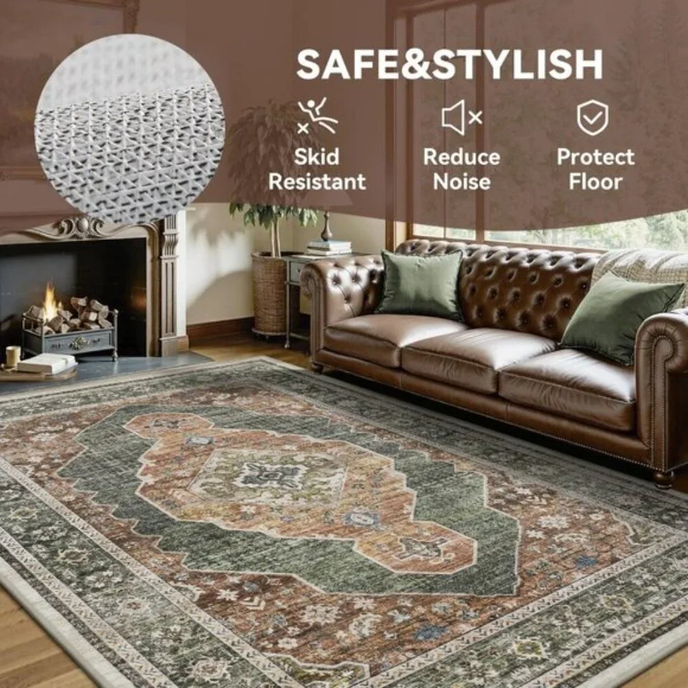 New 5x7 Sage Green Area Rug, Washable Vintage Non-Slip Carpet for Home Decor